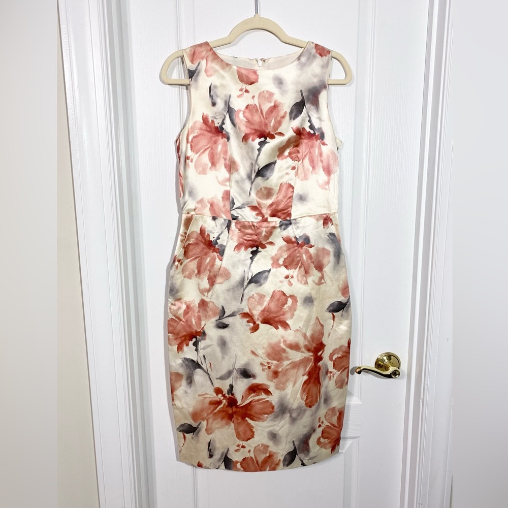 Jones NY Cotton SILK Floral Sleeveless Sheath Dress Pockets Cream Pink Size 4
